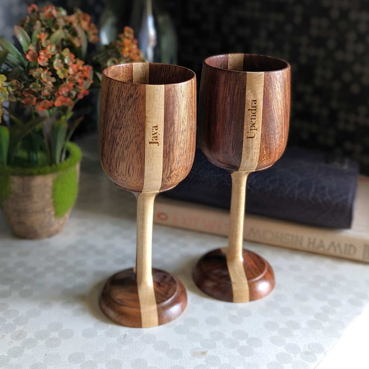 Personalized Wood Wine Goblets Engraved With Name | Anniversary Gift