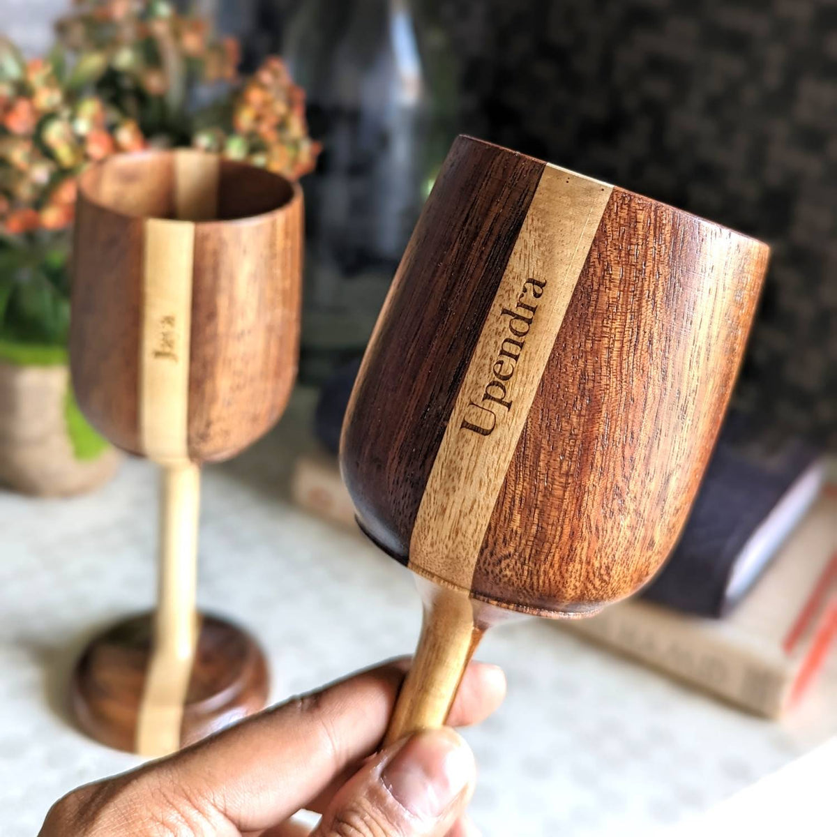 Personalized Wood Wine Goblets Engraved With Name | Anniversary Gift