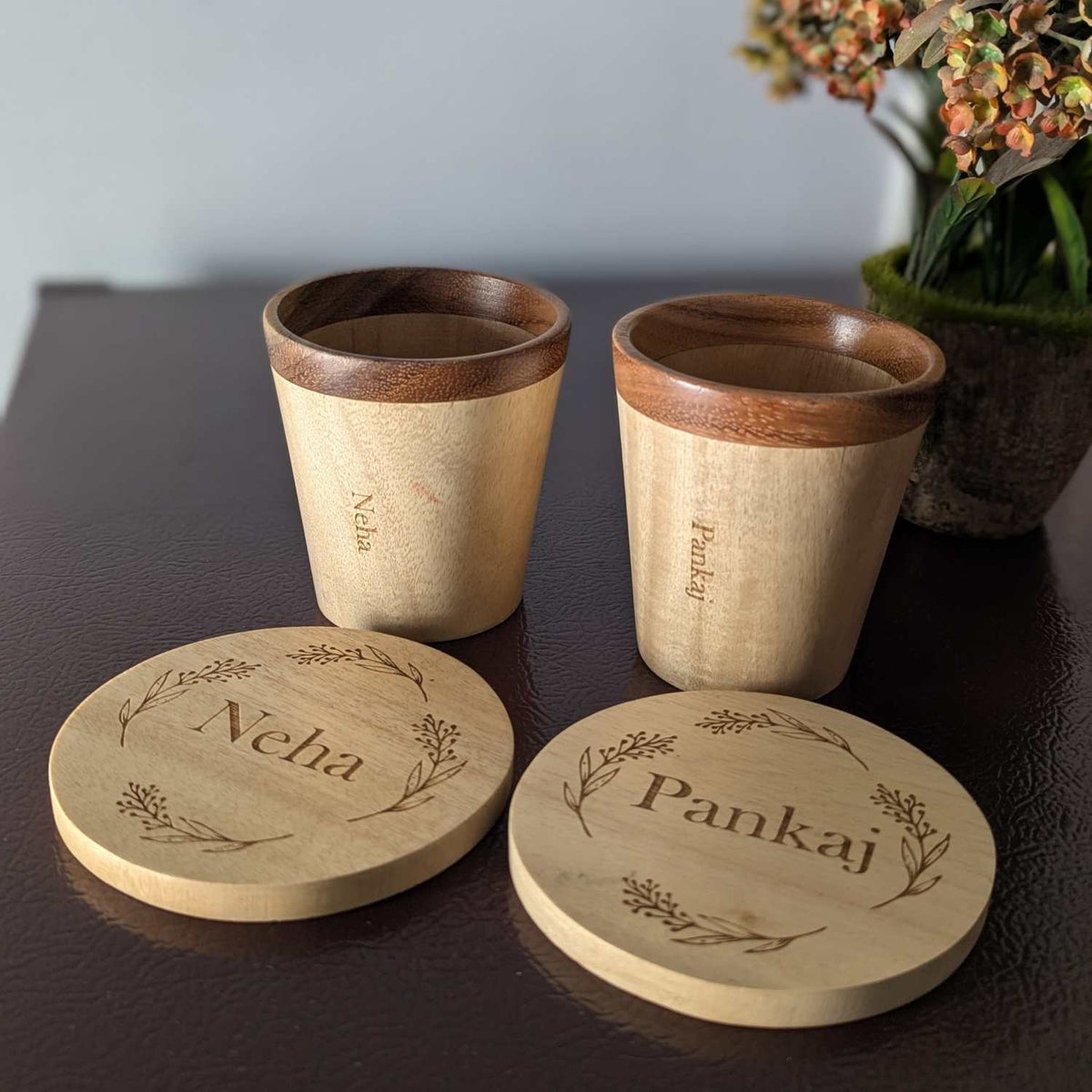 Wooden Tea Cups &amp; Coasters With Name Engraved | Personalized Gift Set