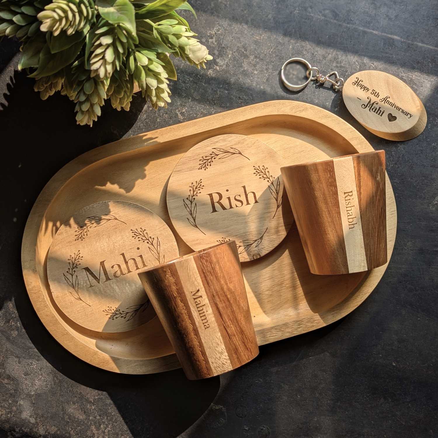 Personalized Gift Set | Wooden Tea Cups, Tea Tray & Coasters With Name Engraved