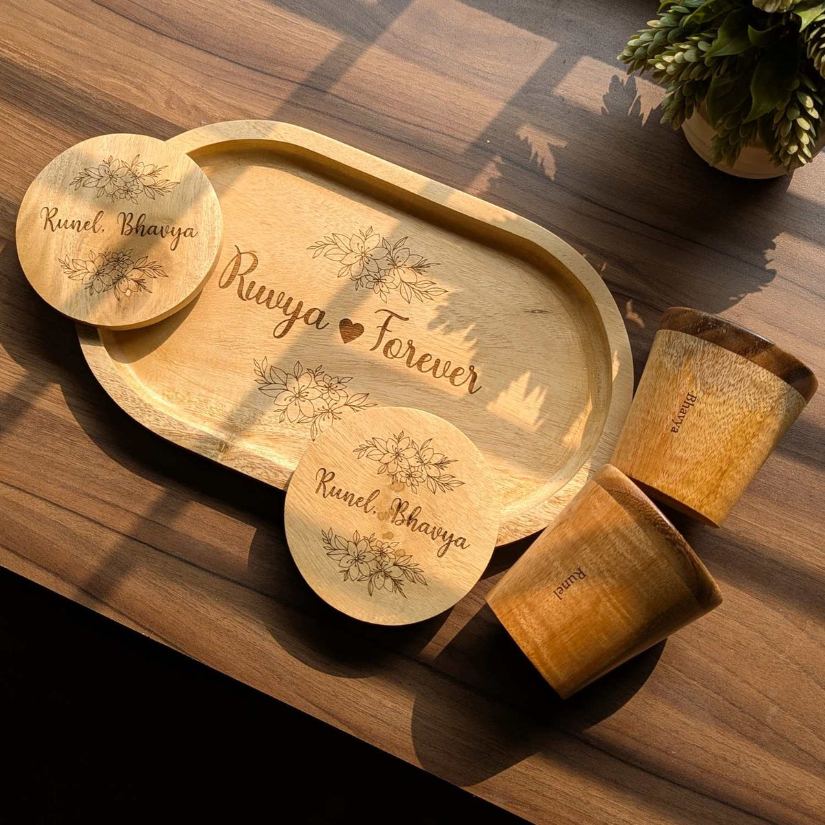 Personalized Gift Set | Wooden Tea Cups, Tea Tray &amp; Coasters With Name Engraved