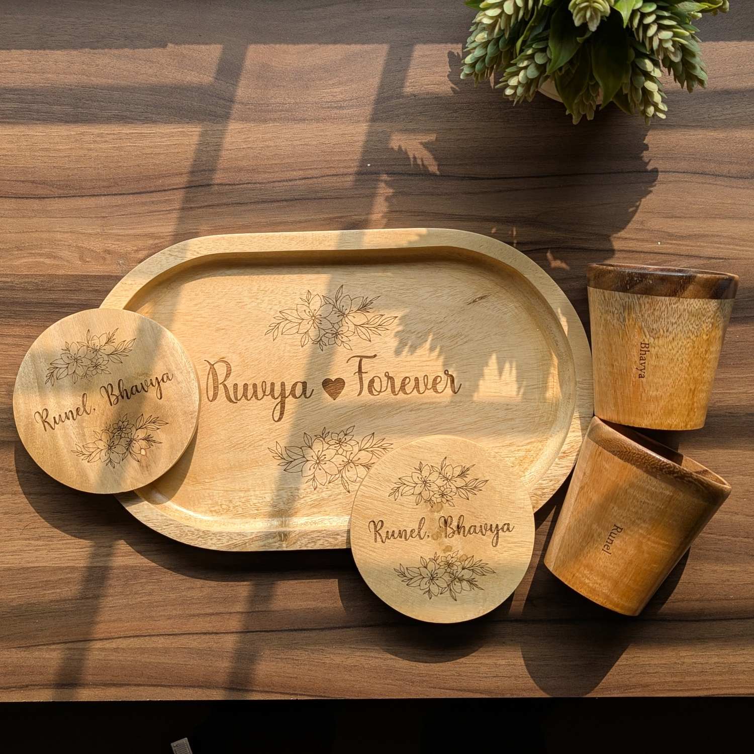 Personalized Gift Set | Wooden Tea Cups, Tea Tray & Coasters With Name Engraved