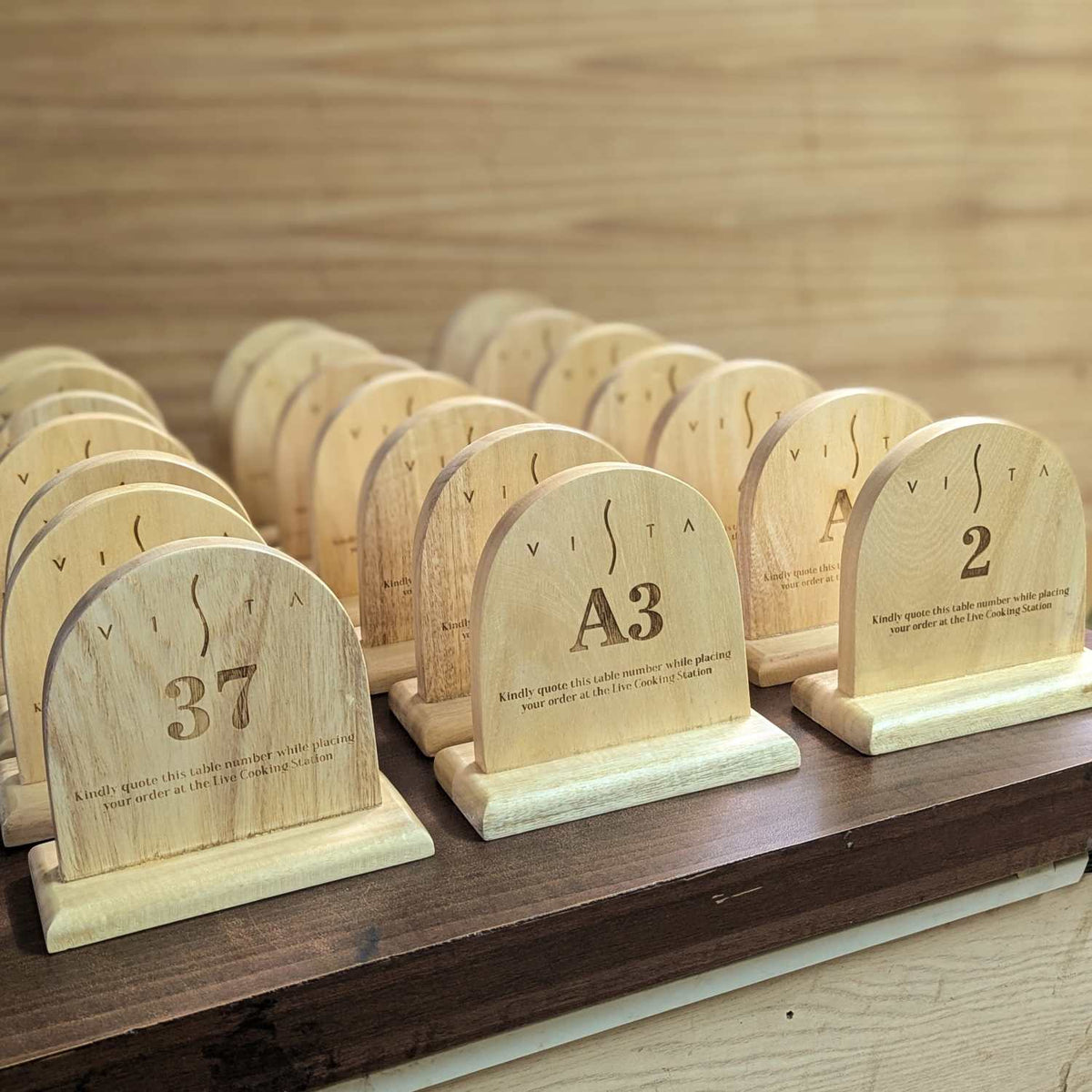 Custom Round Top Wooden Table Number Standee | Engraved Restaurant Ordering Sign