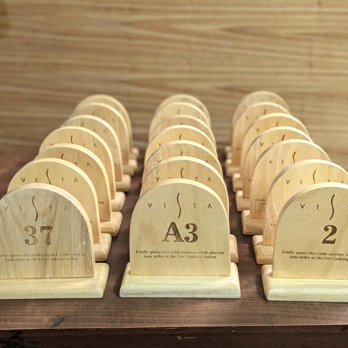 Custom Round Top Wooden Table Number Standee | Engraved Restaurant Ordering Sign