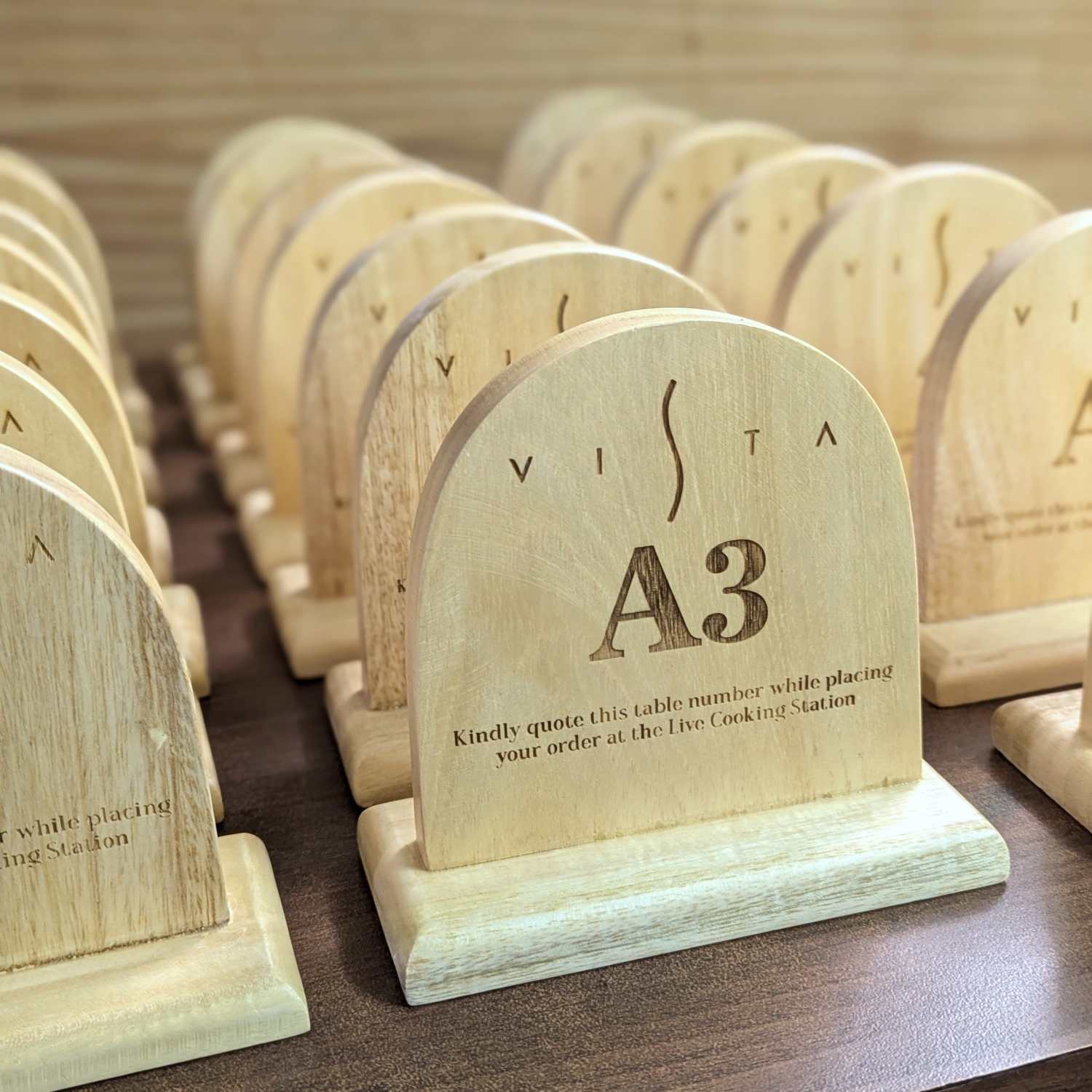Custom Round Top Wooden Table Number Standee | Engraved Restaurant Ordering Sign