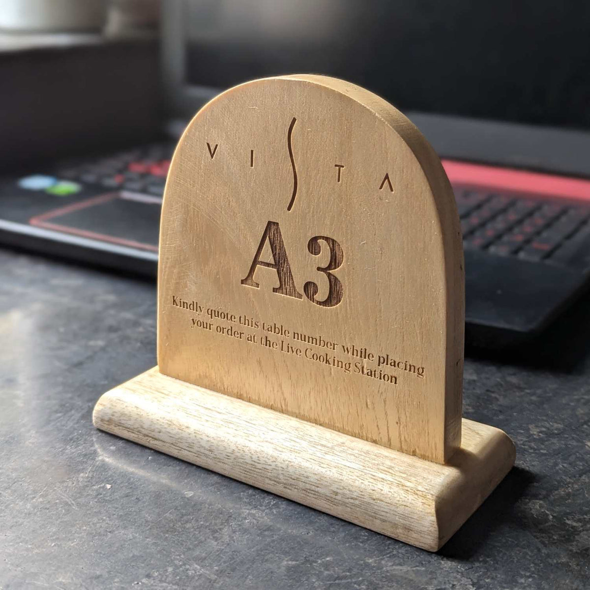 Custom Round Top Wooden Table Number Standee | Engraved Restaurant Ordering Sign