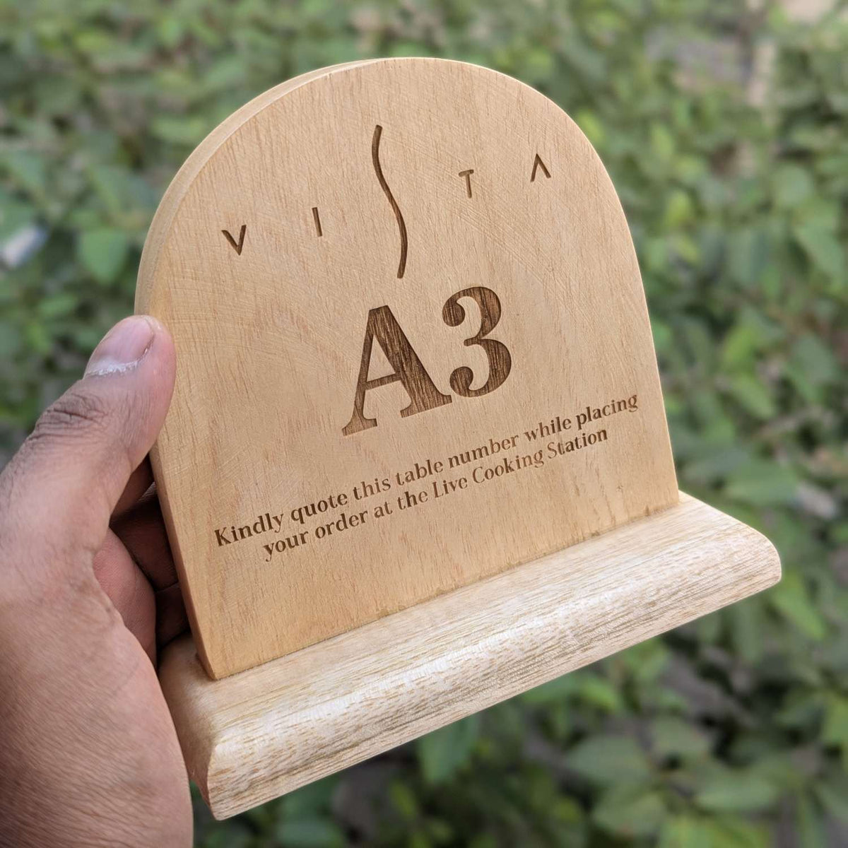 Custom Round Top Wooden Table Number Standee | Engraved Restaurant Ordering Sign