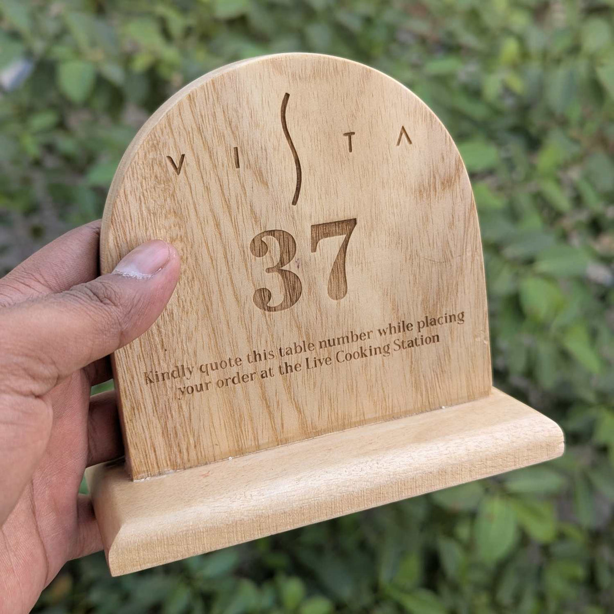 Custom Round Top Wooden Table Number Standee | Engraved Restaurant Ordering Sign