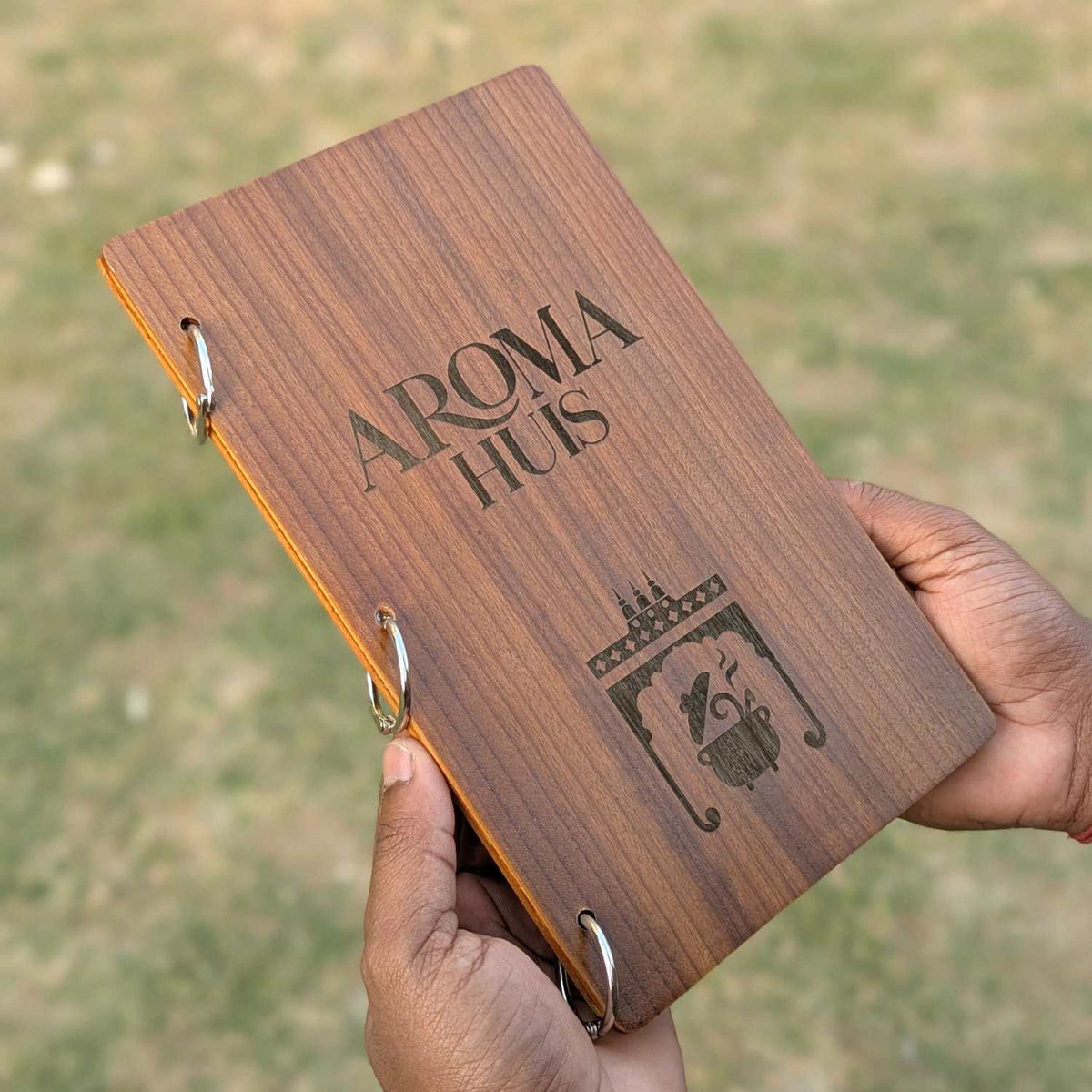 Wooden Menu Holder Book-Style | Engraved Refillable Ring-Binder Menu for Restaurants &amp; Cafes