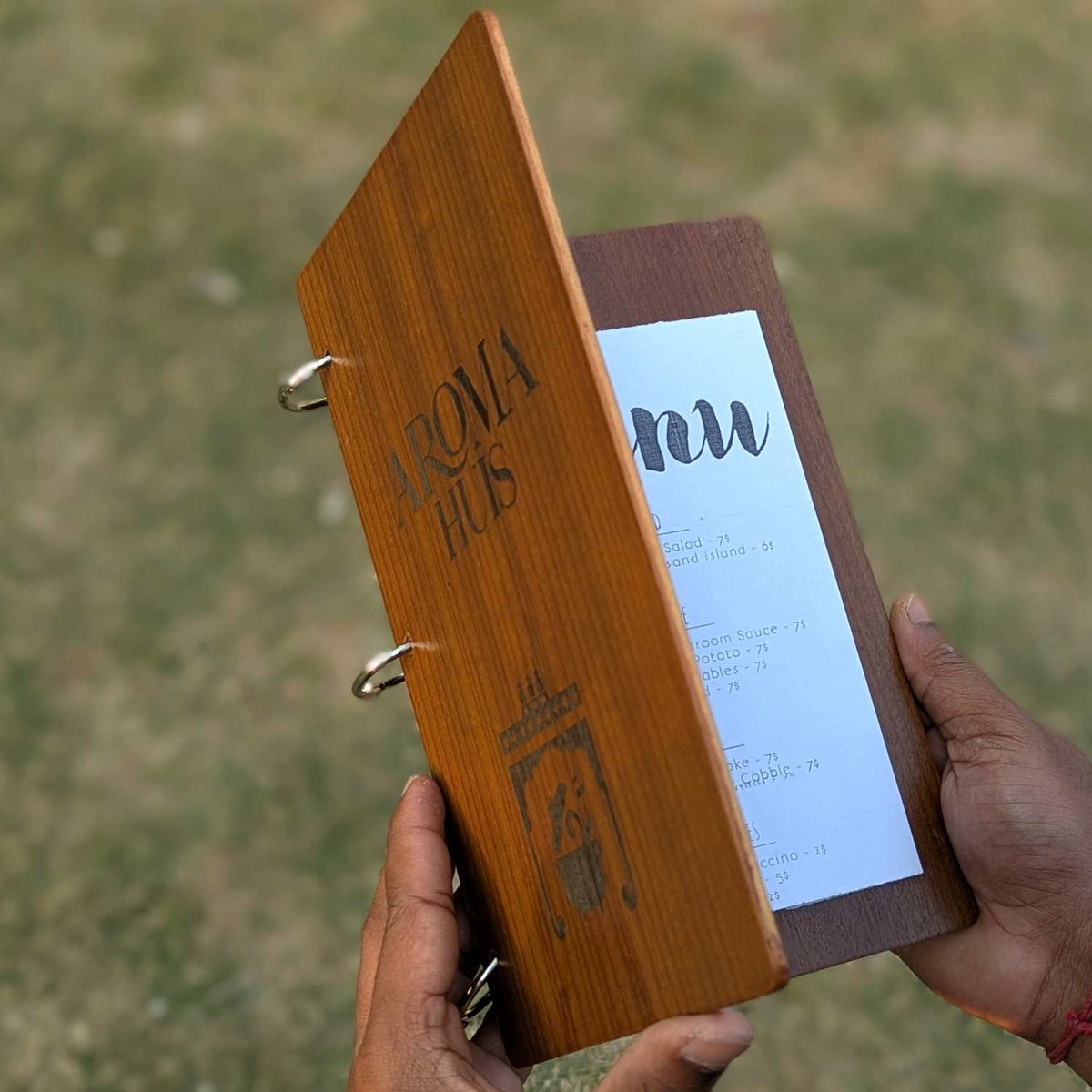 Wooden Menu Holder Book-Style | Engraved Refillable Ring-Binder Menu for Restaurants &amp; Cafes
