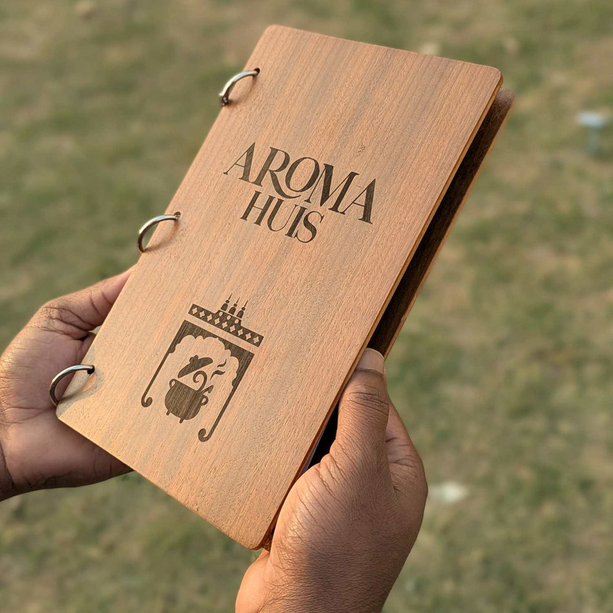 Wooden Menu Holder Book-Style | Engraved Refillable Ring-Binder Menu for Restaurants &amp; Cafes