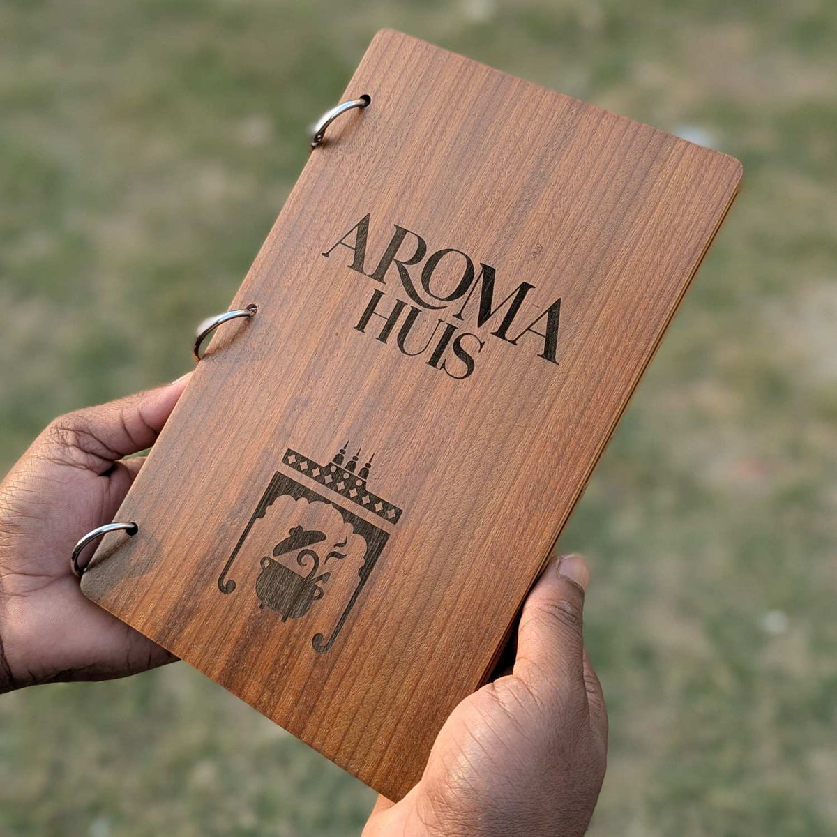 Wooden Menu Holder Book-Style | Engraved Refillable Ring-Binder Menu for Restaurants &amp; Cafes