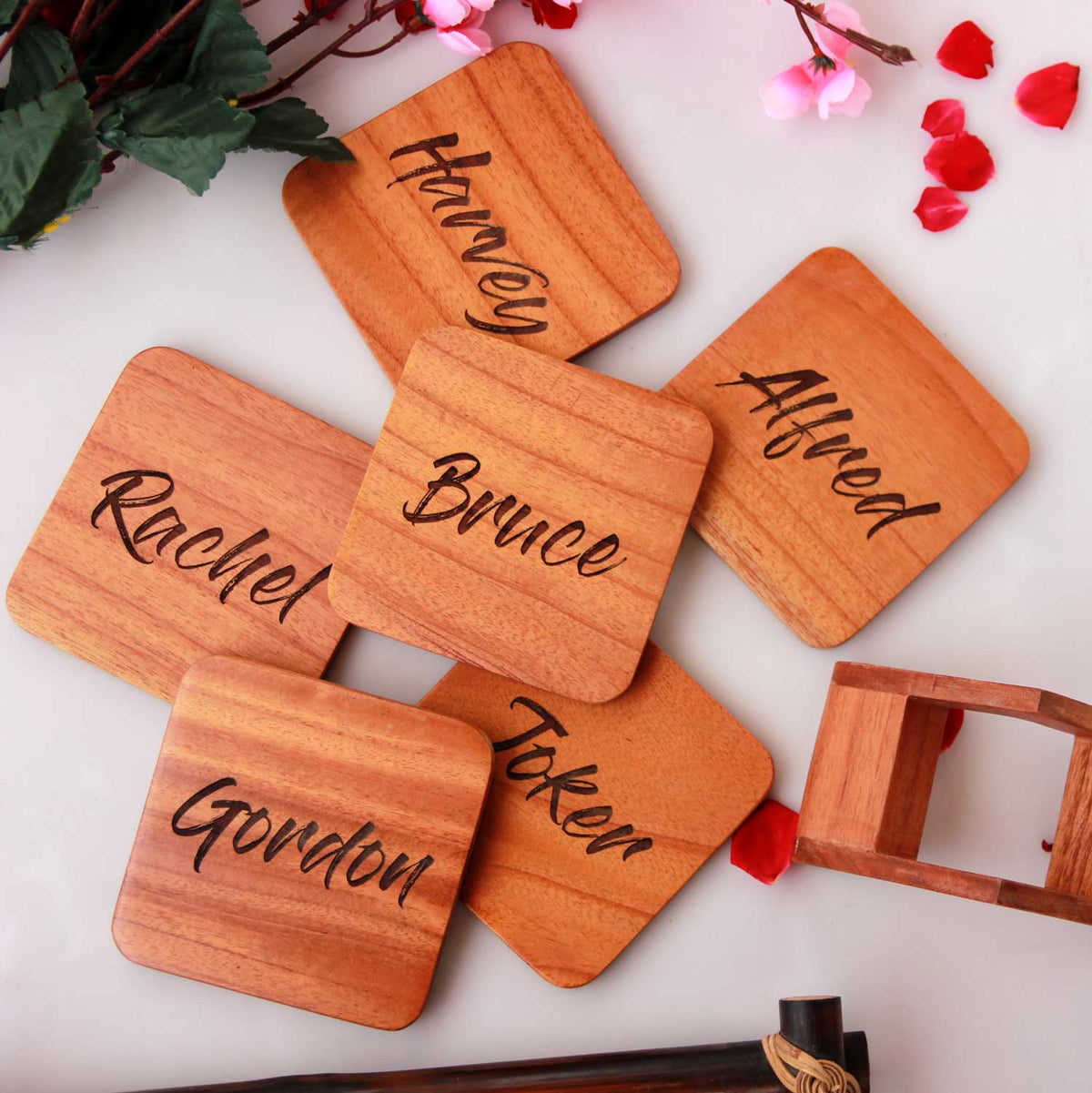 Personalised Name Coasters - Wooden Coaster Set With Holder