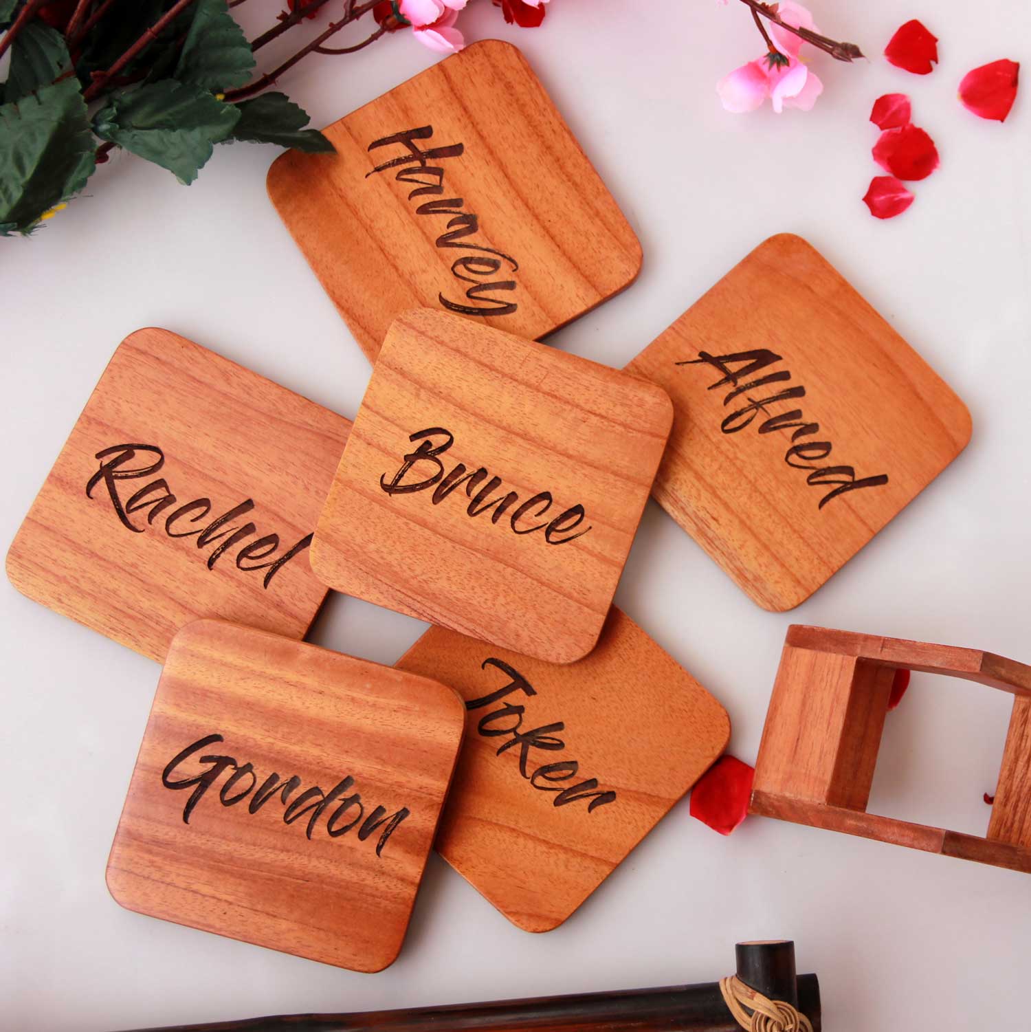 Personalised Name Coasters - Wooden Coaster Set With Holder