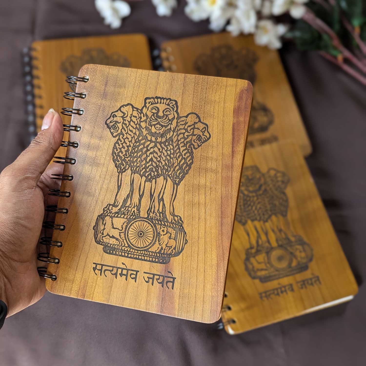 Ashok Stambh Engraved Wood Diary | Ashoka Pillar National Emblem Wood Notebook