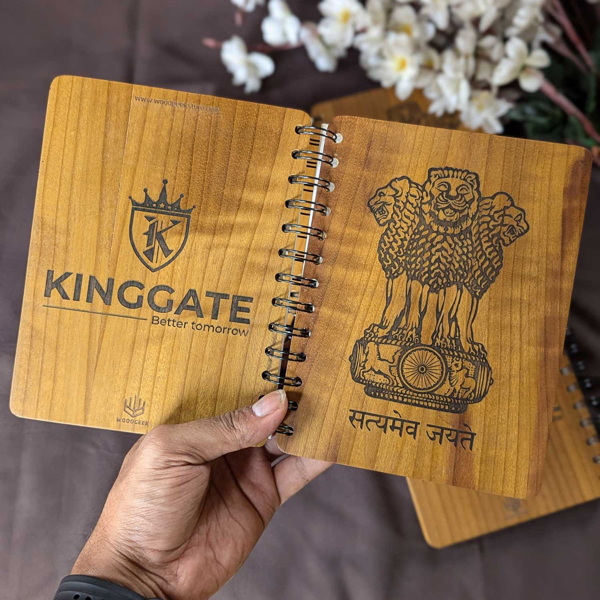 Ashok Stambh Engraved Wood Diary | Ashoka Pillar National Emblem Wood Notebook