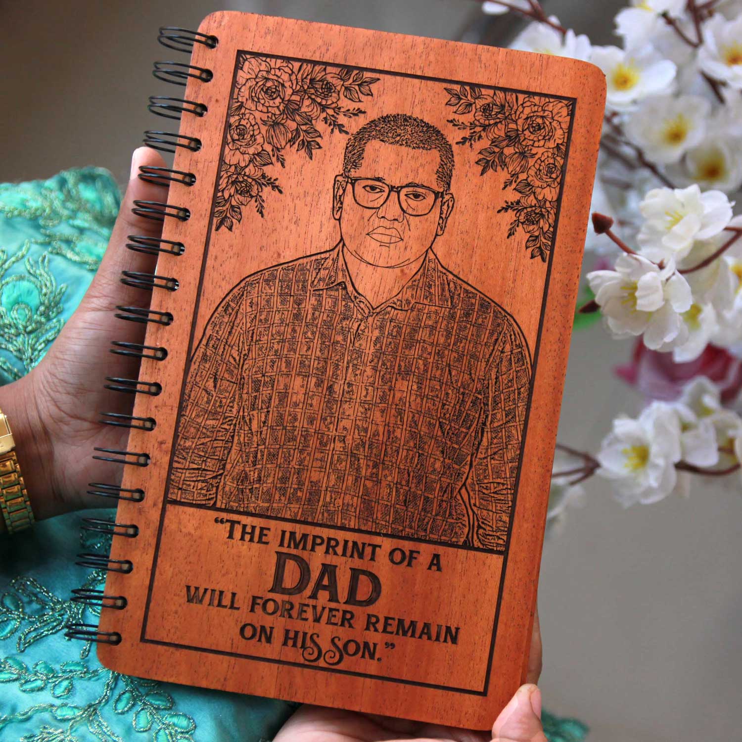 Dad's Imprint Remains On His Son Forever Engraved Wood Diary | Gift For Dad & Son