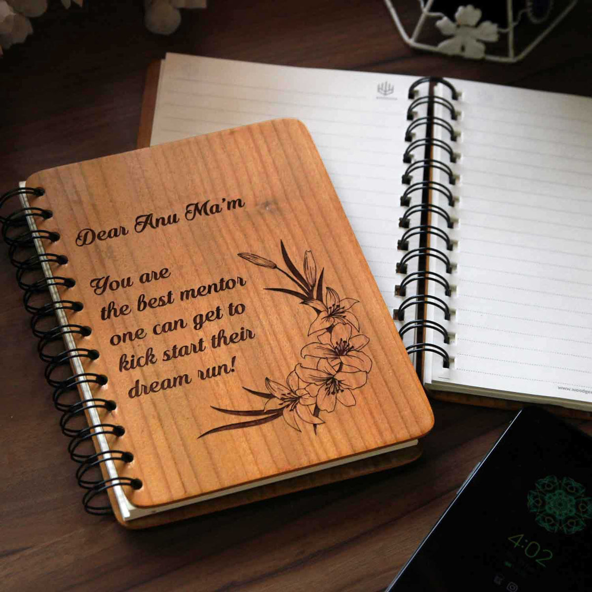 Wooden Diary Engraved With Message For Mentor &amp; Teacher
