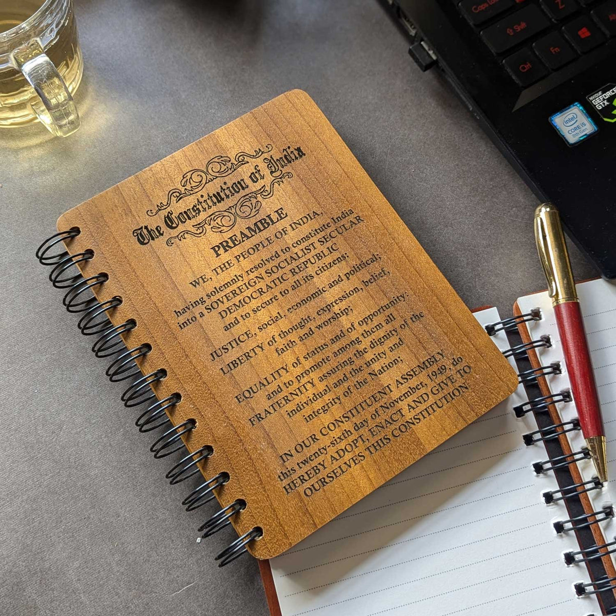 Constitution Of India Engraved Wood Diary | Preamble Wood Notebook