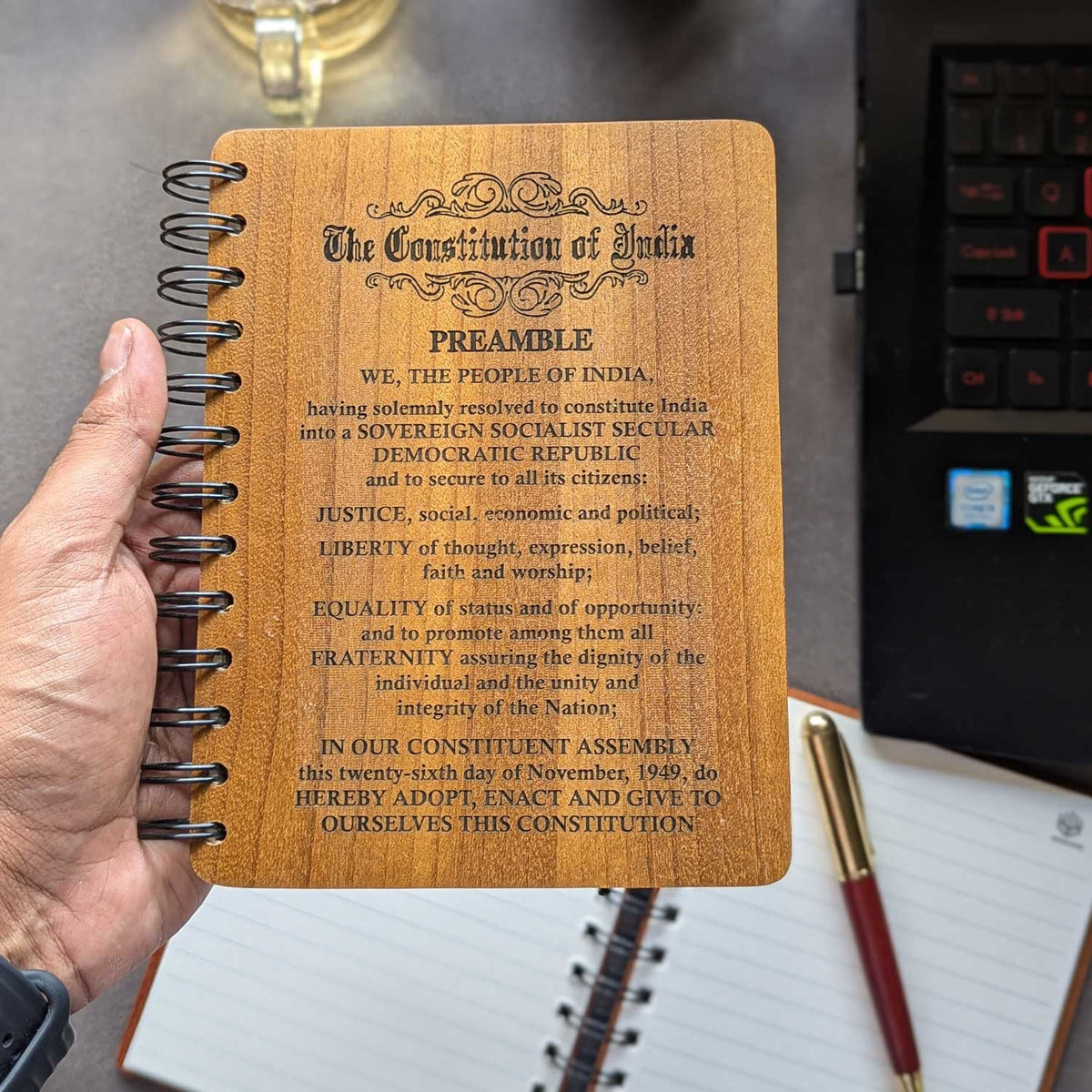 Constitution Of India Engraved Wood Diary | Preamble Wood Notebook