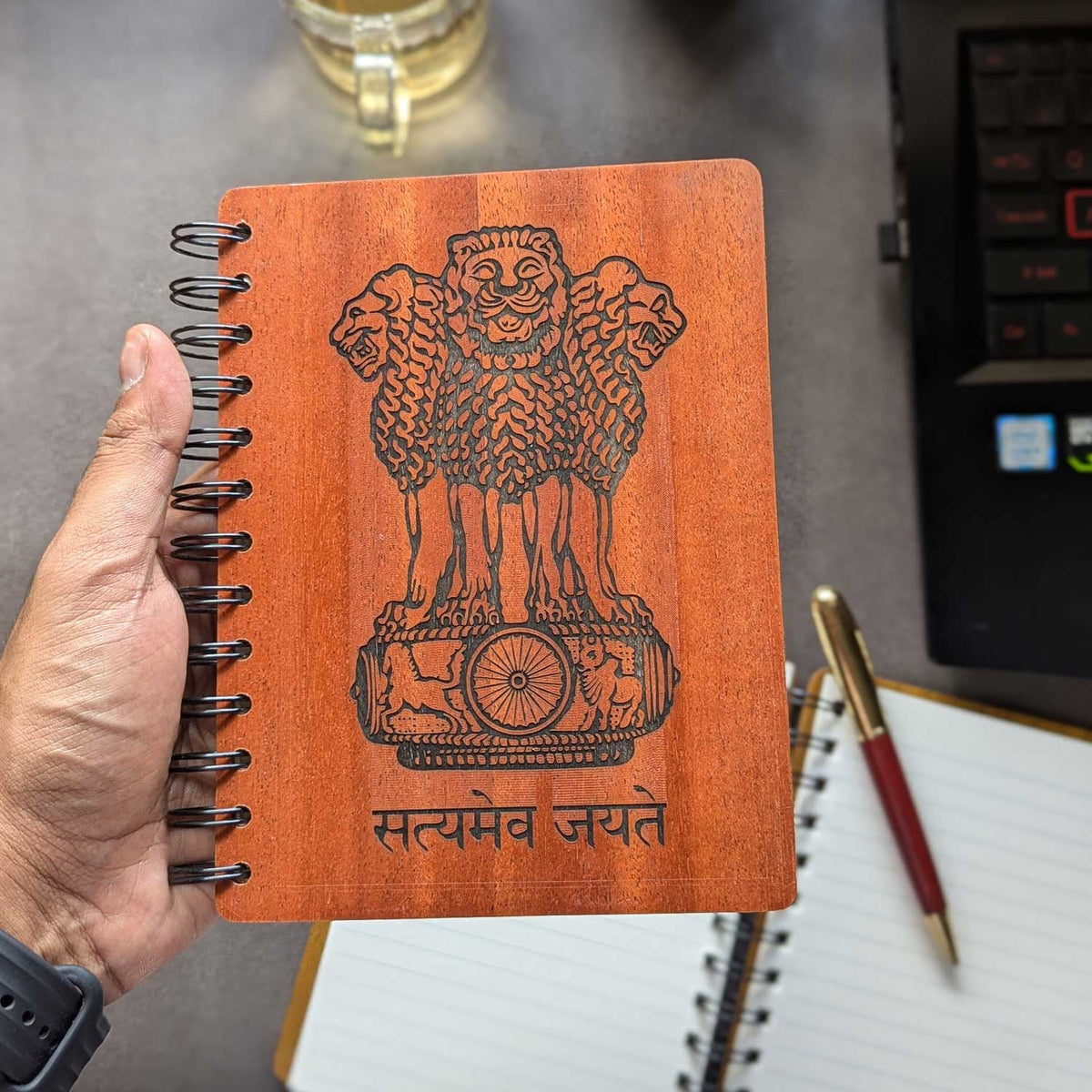 Ashok Stambh Engraved Wood Diary | Ashoka Pillar National Emblem Wood Notebook