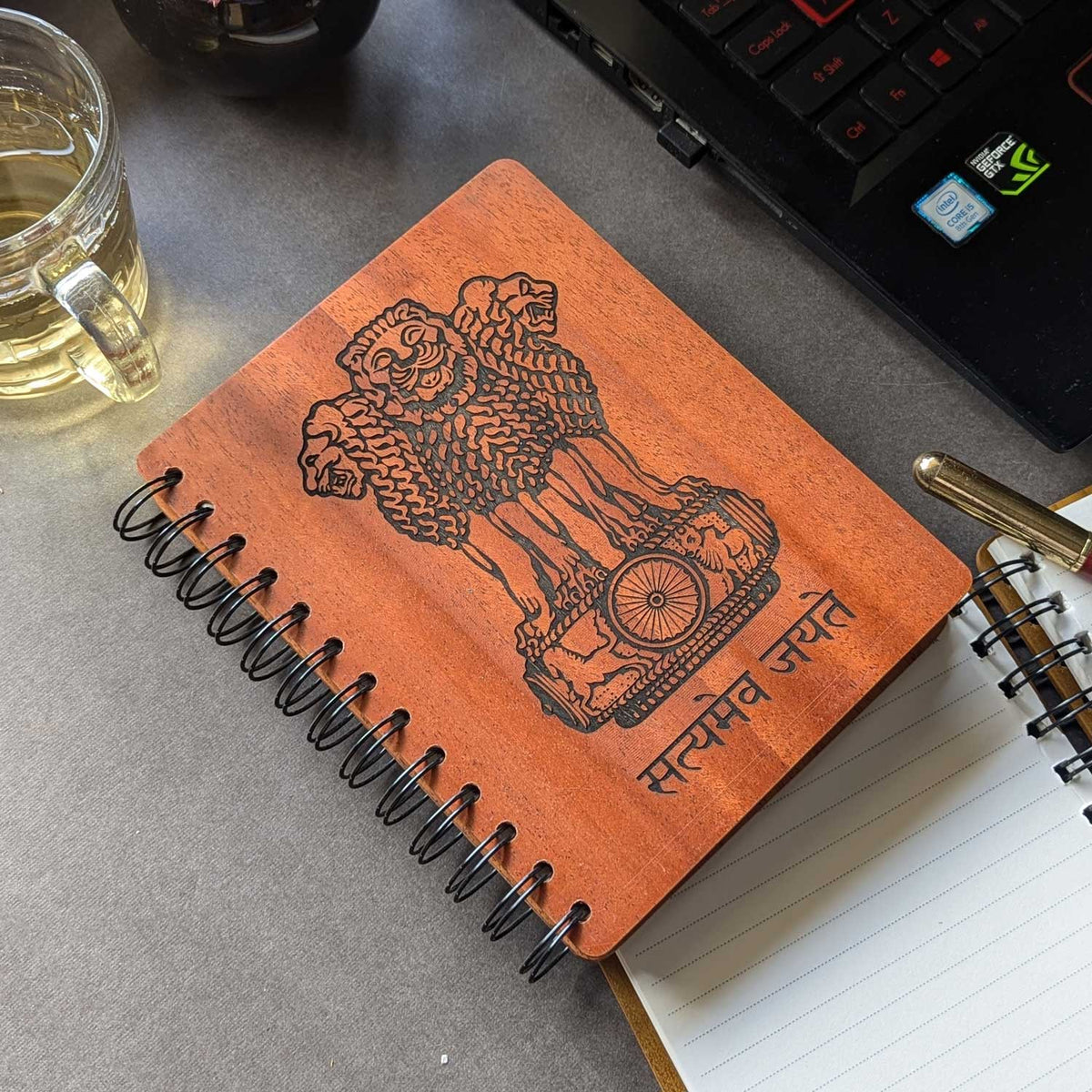 Ashok Stambh Engraved Wood Diary | Ashoka Pillar National Emblem Wood Notebook