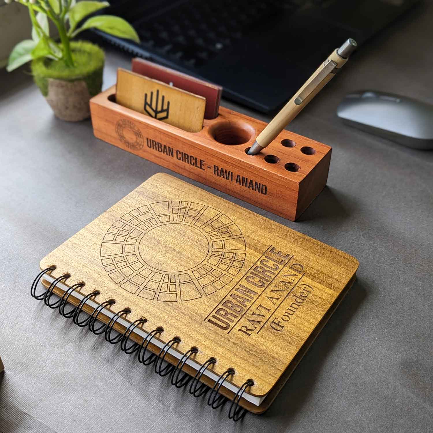 Executive Essentials: Personalized Wooden Diary & Pen Stand Set