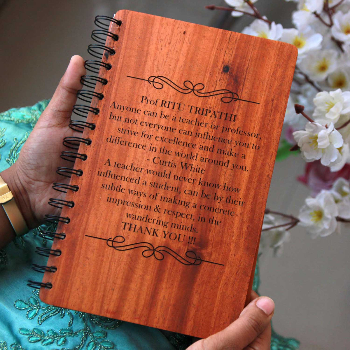 Engraved Wood Notebook With Personalized Thank You Message For Teacher