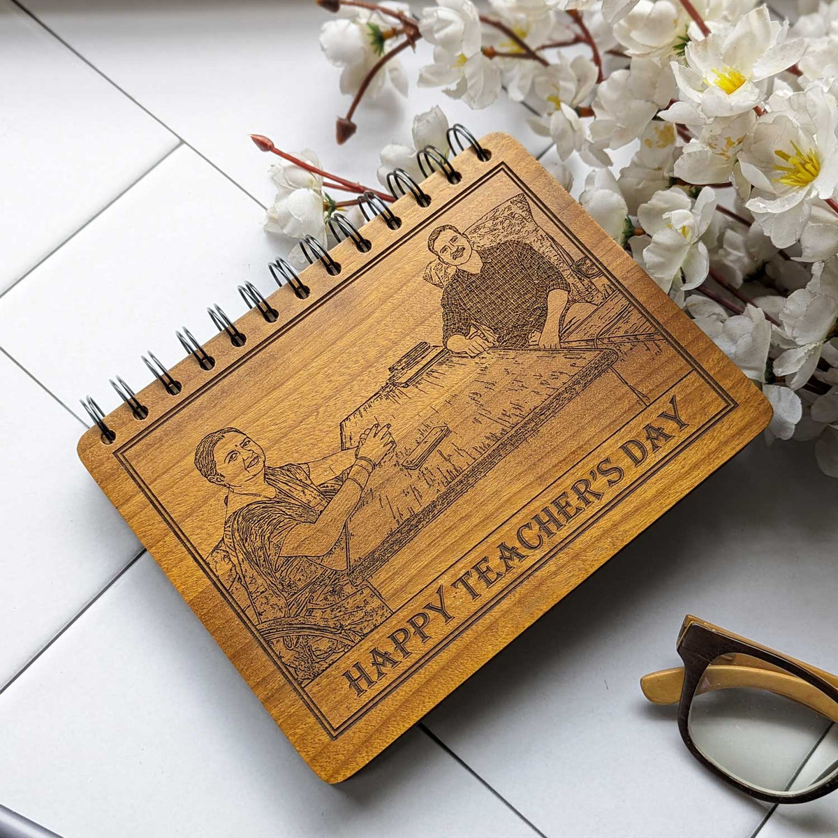 happy teachers day engraved wood notebook