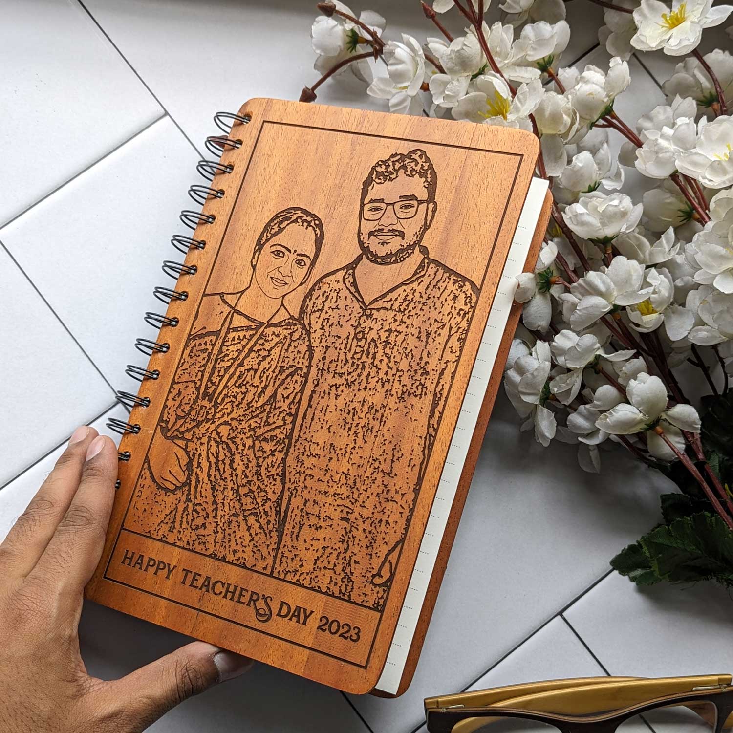 happy teachers day engraved wood notebook 
