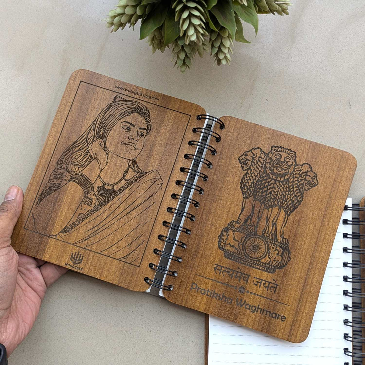 Ashok Stambh Engraved Wood Diary | Ashoka Pillar National Emblem Wood Notebook