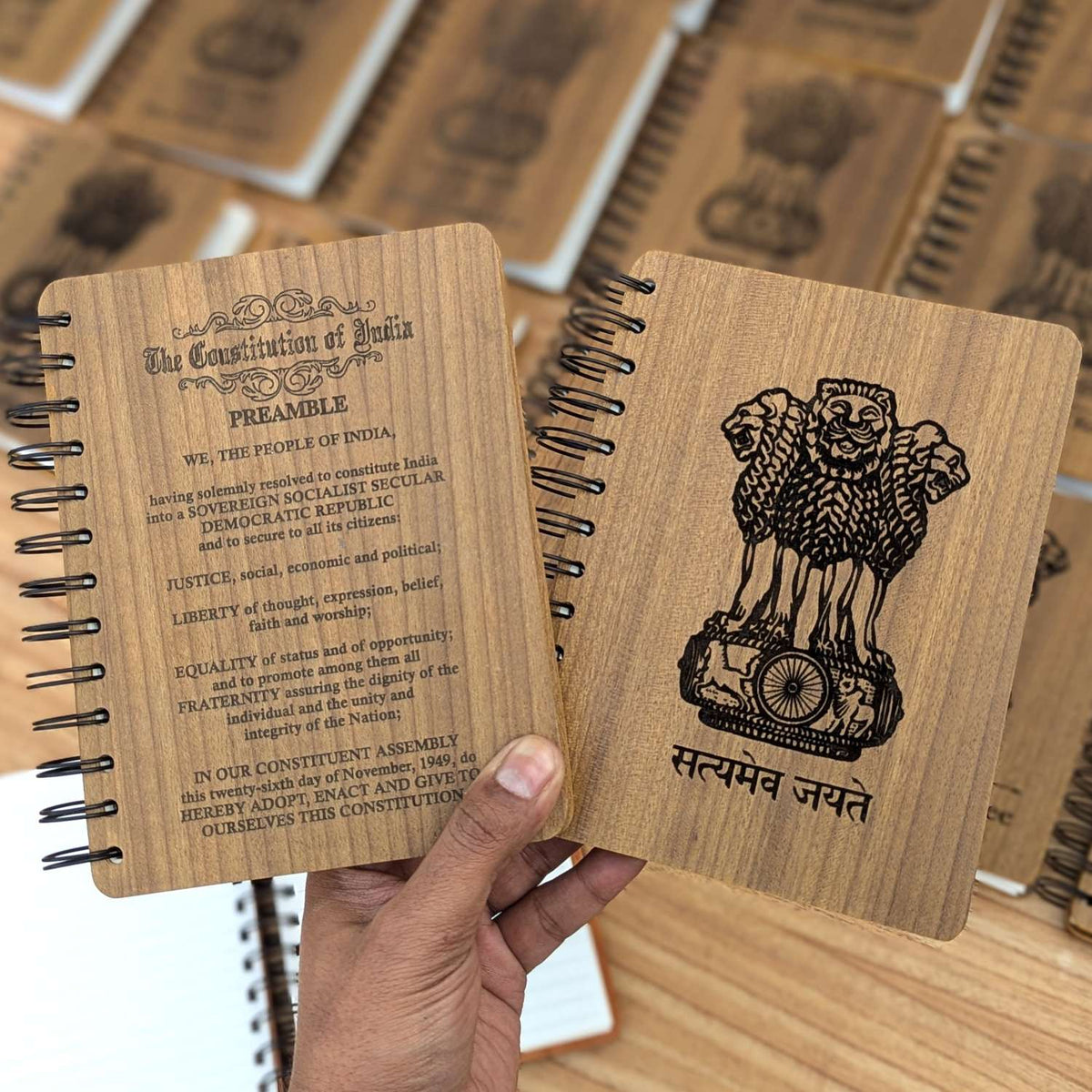 Ashok Stambh Engraved Wood Diary | Ashoka Pillar National Emblem Wood Notebook