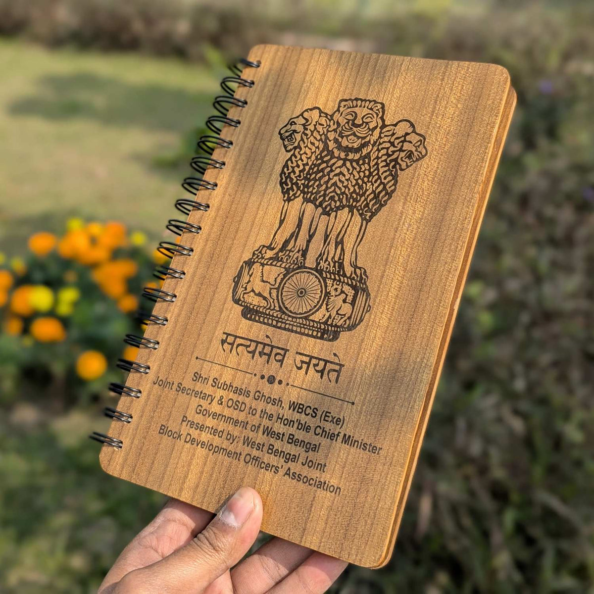 Ashok Stambh Engraved Wood Diary | Ashoka Pillar National Emblem Wood Notebook