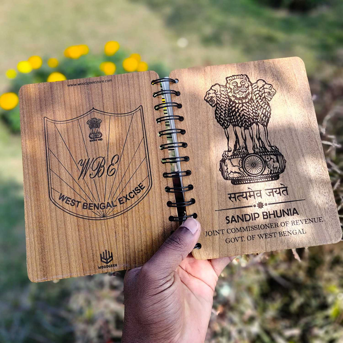 Ashok Stambh Engraved Wood Diary | Ashoka Pillar National Emblem Wood Notebook