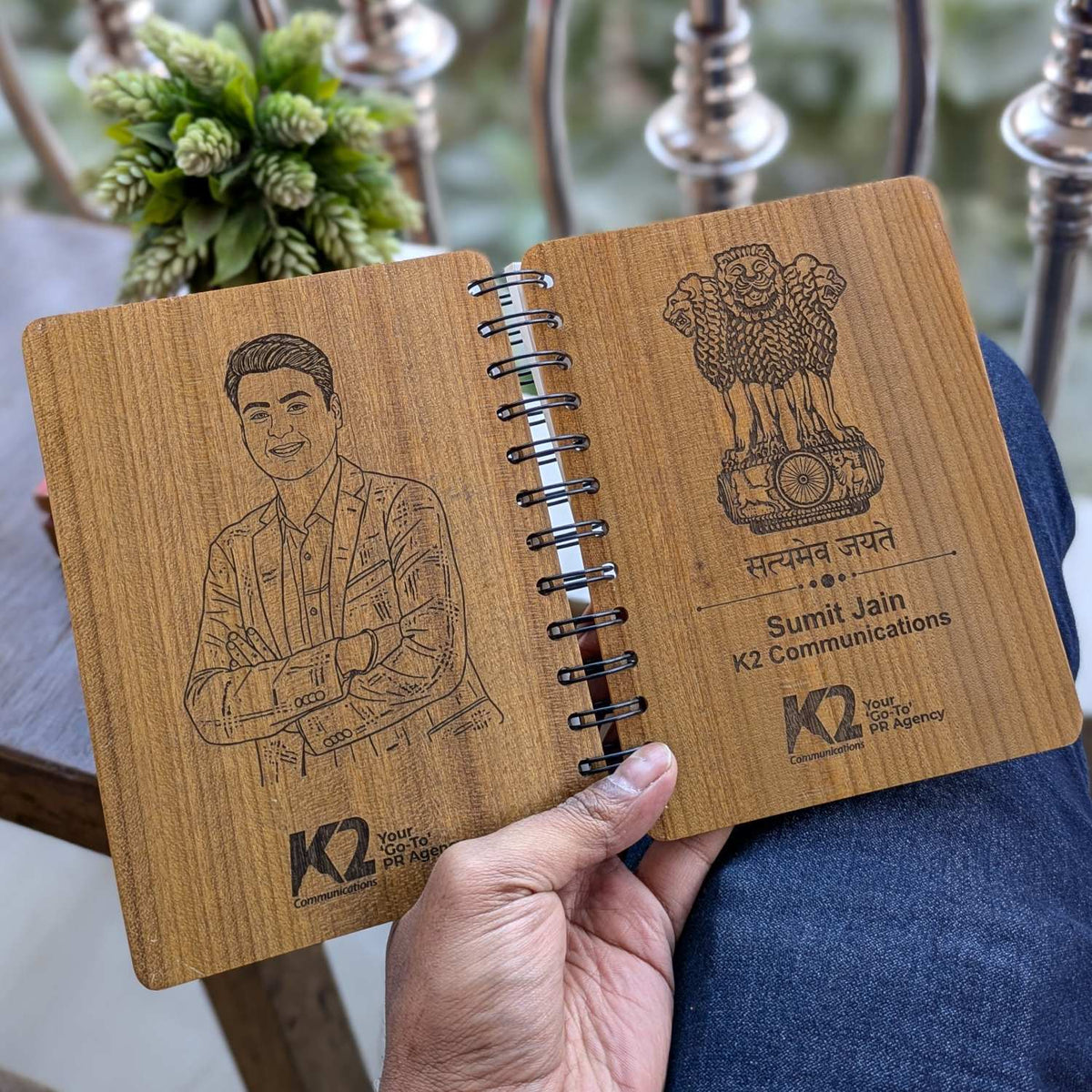 Ashok Stambh Engraved Wood Diary | Ashoka Pillar National Emblem Wood Notebook