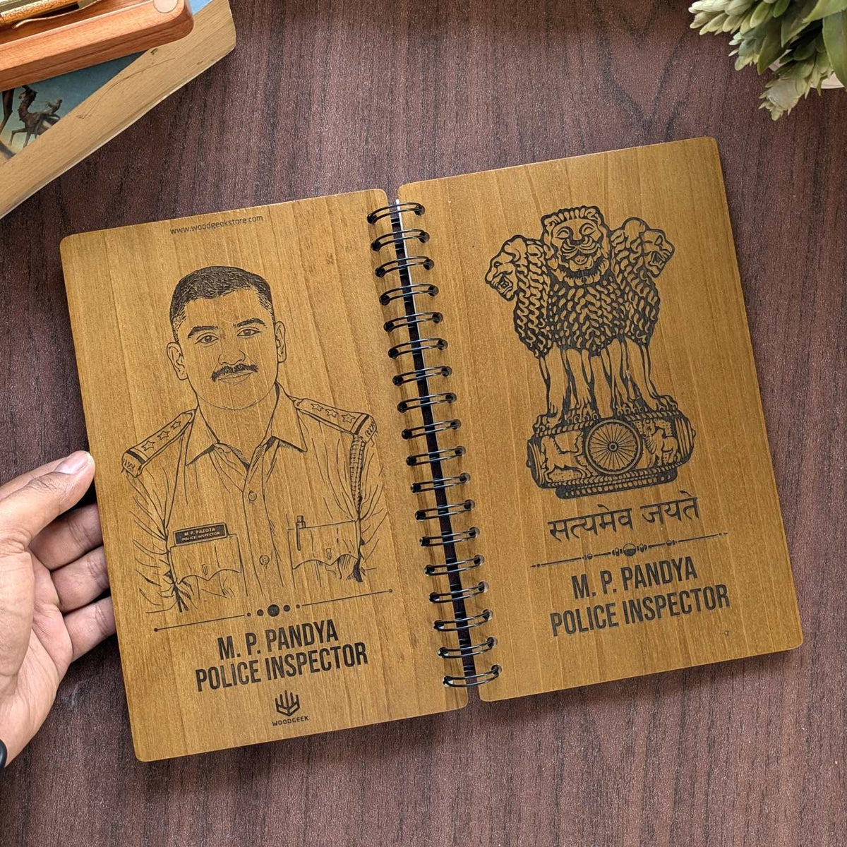 Ashok Stambh Engraved Wood Diary | Ashoka Pillar National Emblem Wood Notebook