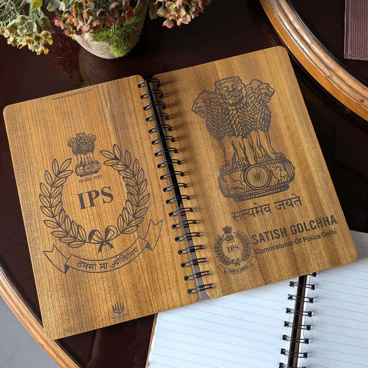 Ashok Stambh Engraved Wood Diary | Ashoka Pillar National Emblem Wood Notebook