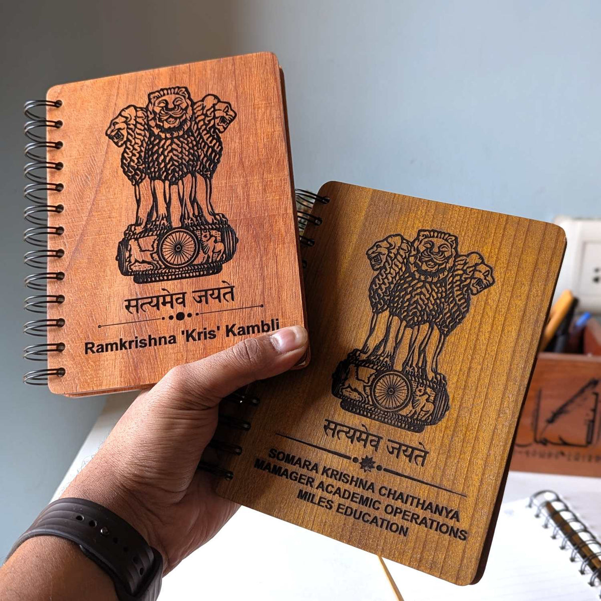 Ashok Stambh Engraved Wood Diary | Ashoka Pillar National Emblem Wood Notebook