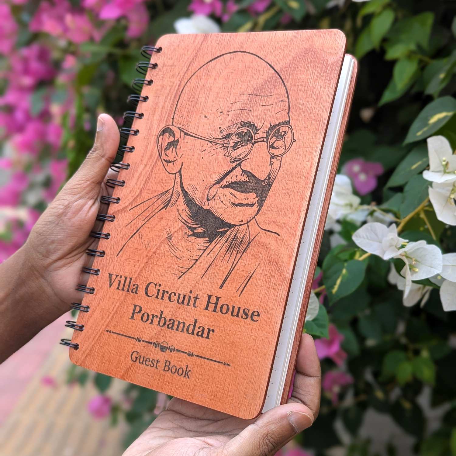 Mahatma Gandhi Engraved Wood Guest Book | Personalized Heritage Hospitality Journal