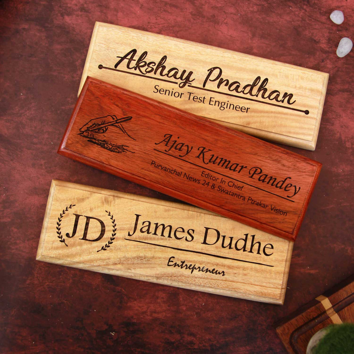 Personalized Wooden Nameplate for Office with Designation