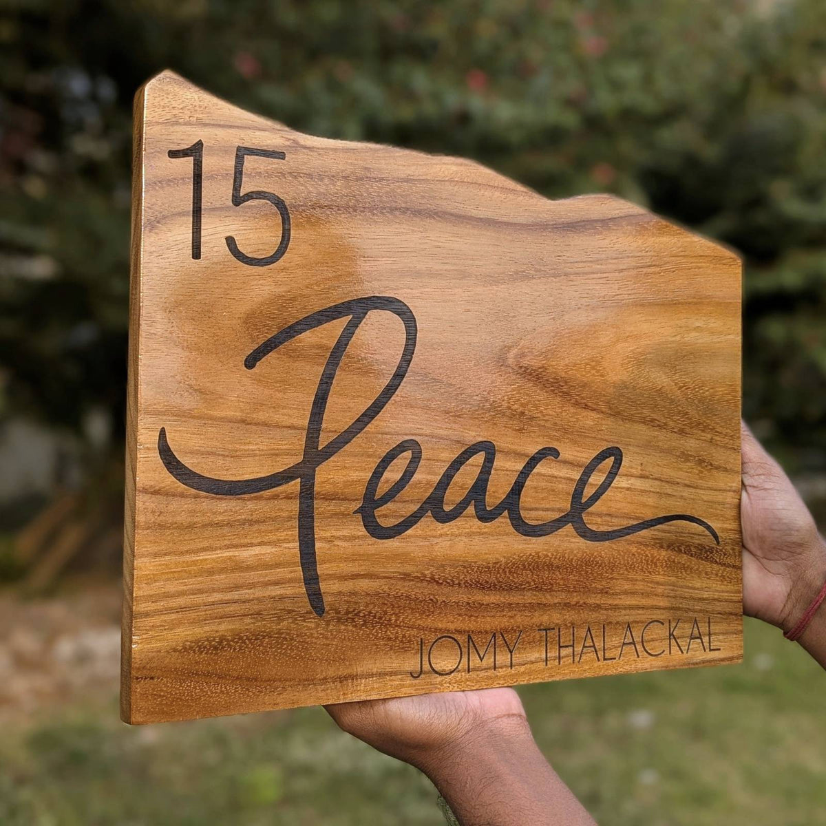 Custom Mountain Shape Live Edge Teak Wood Home Sign