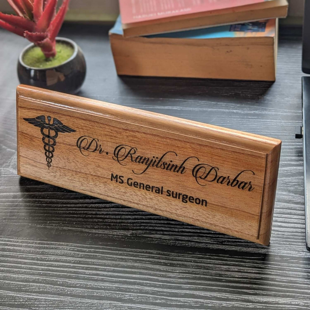 Personalized Wooden Nameplate for Office with Designation