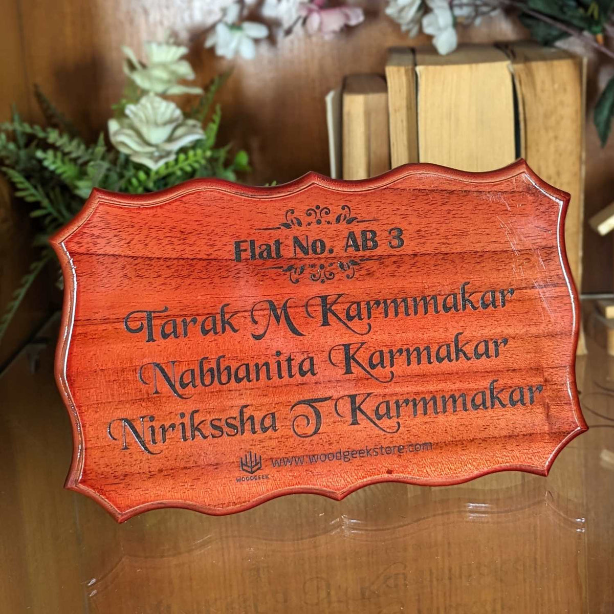 Divine Elegance Engraved Wooden Nameplate | Custom Home Sign with Flat Number