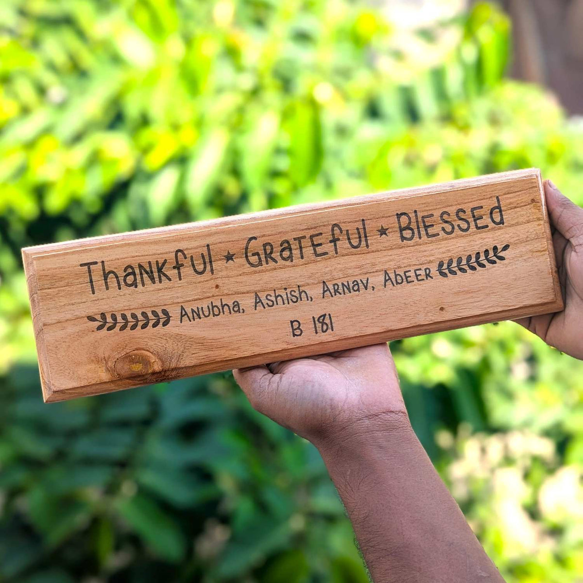 Personalized Wooden Home Nameplate - Thankful, Grateful, Blessed