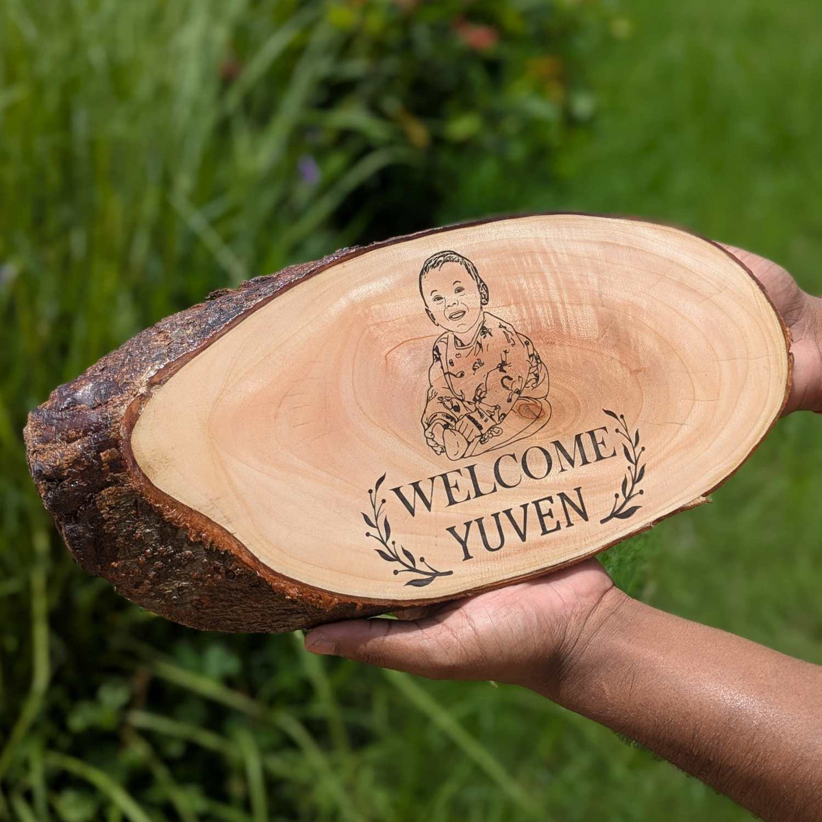 Photo Engraved Rustic Wood Sign With Natural Bark | Customised Wood Nameplate