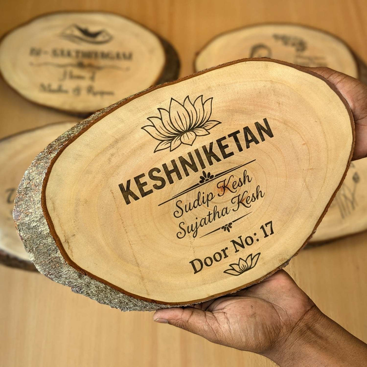 Rustic Natural Wooden Nameplate With Wood Bark | Live Edge Wood Sign