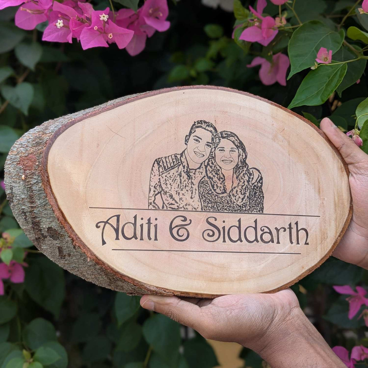 Photo Engraved Rustic Wood Sign With Natural Bark | Customised Wood Nameplate