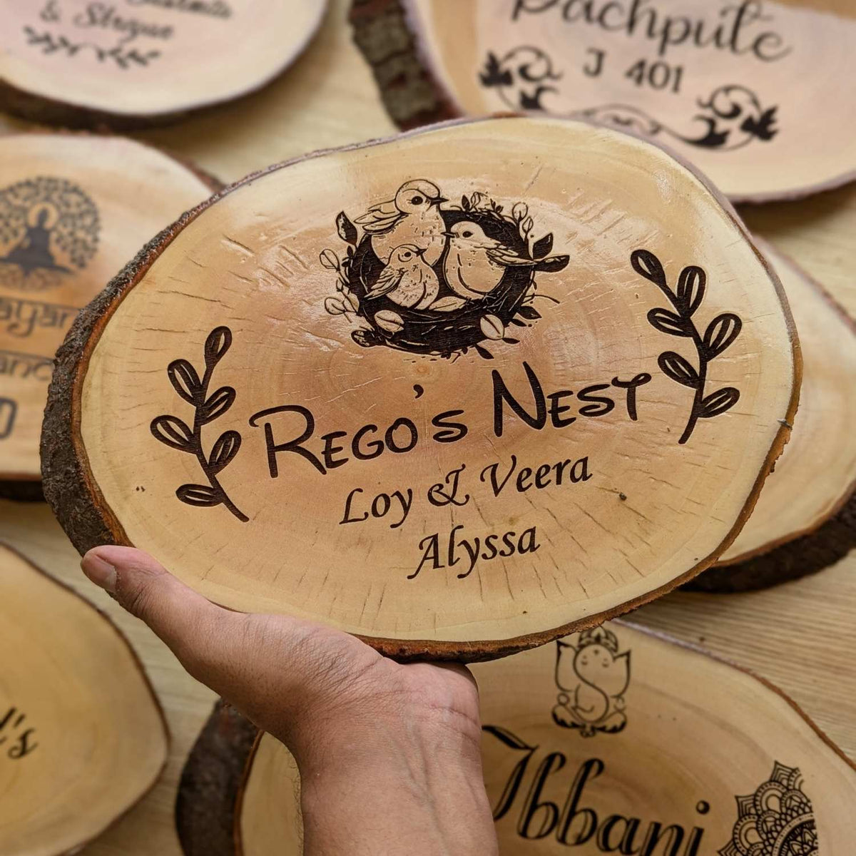 Rustic Natural Wooden Nameplate With Wood Bark | Live Edge Wood Sign