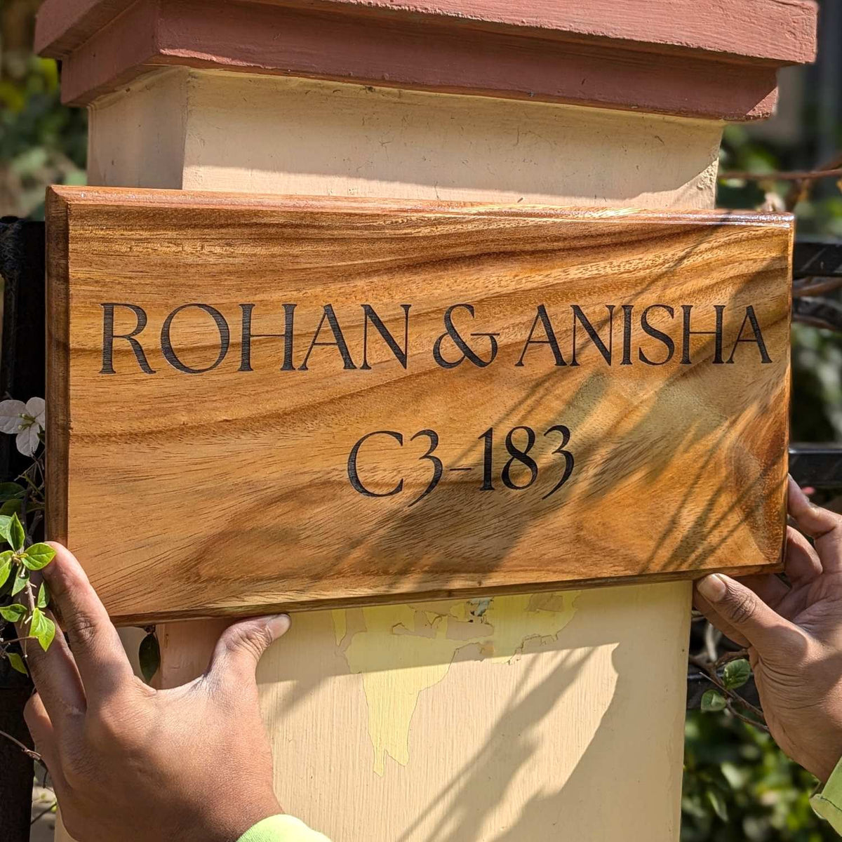 Luxury Teak Wood Engraved Wooden House Nameplate Designed for Premium Homes