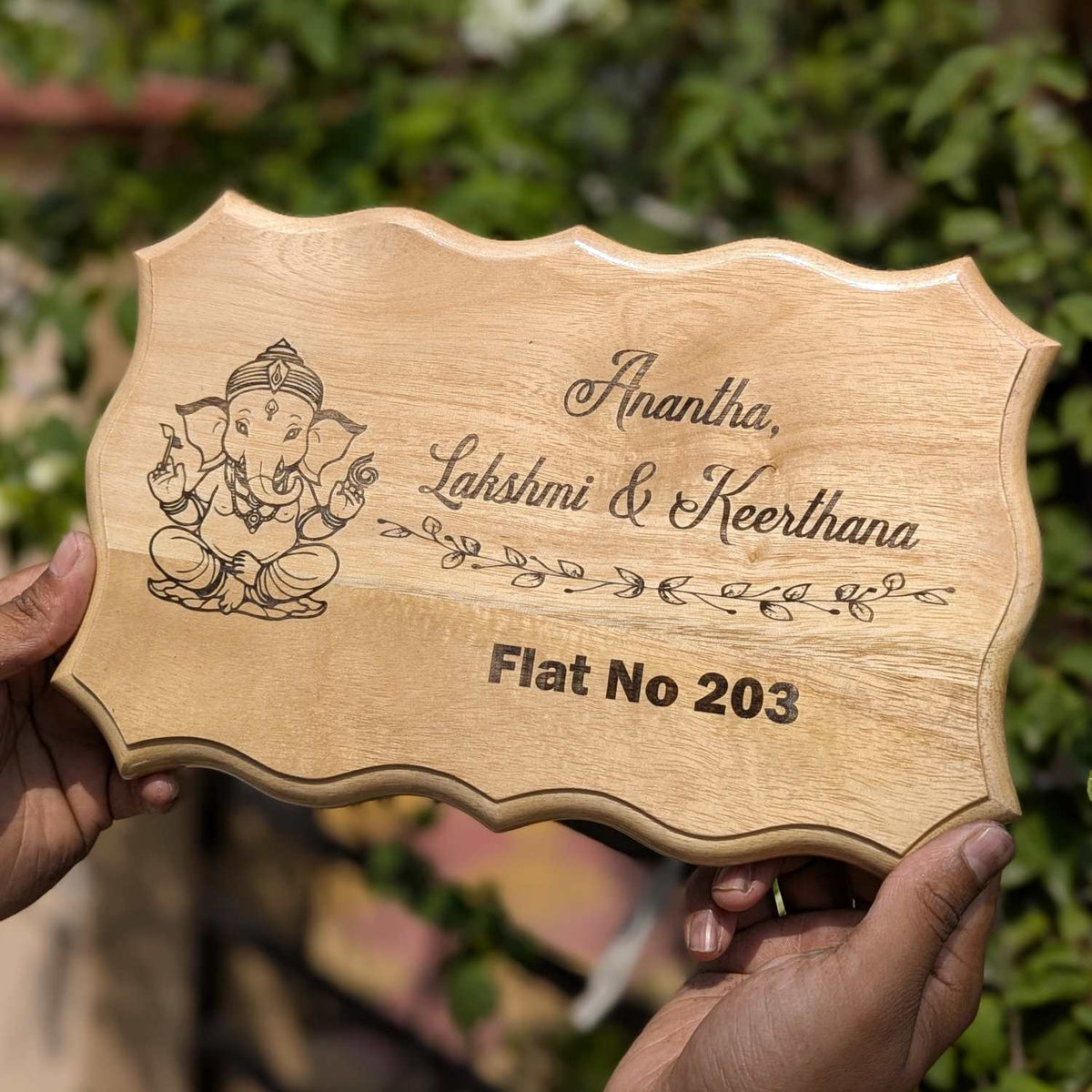 Divine Elegance Engraved Wooden Nameplate | Custom Home Sign with Flat Number